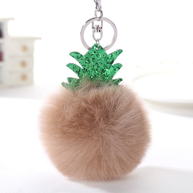 Fluffy Faux Fur Ball Pompom Keychain Women Bag Charms Christmas Tree Pineapple Key Ring Trinket Car Keyring Chains 2C0322