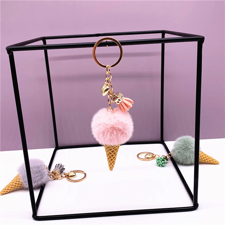 Ice Cream Key Chain Cute Bag Cartoon Plush Pendant Cone Car Key Chain Ring Hair Ball Creative Gift
