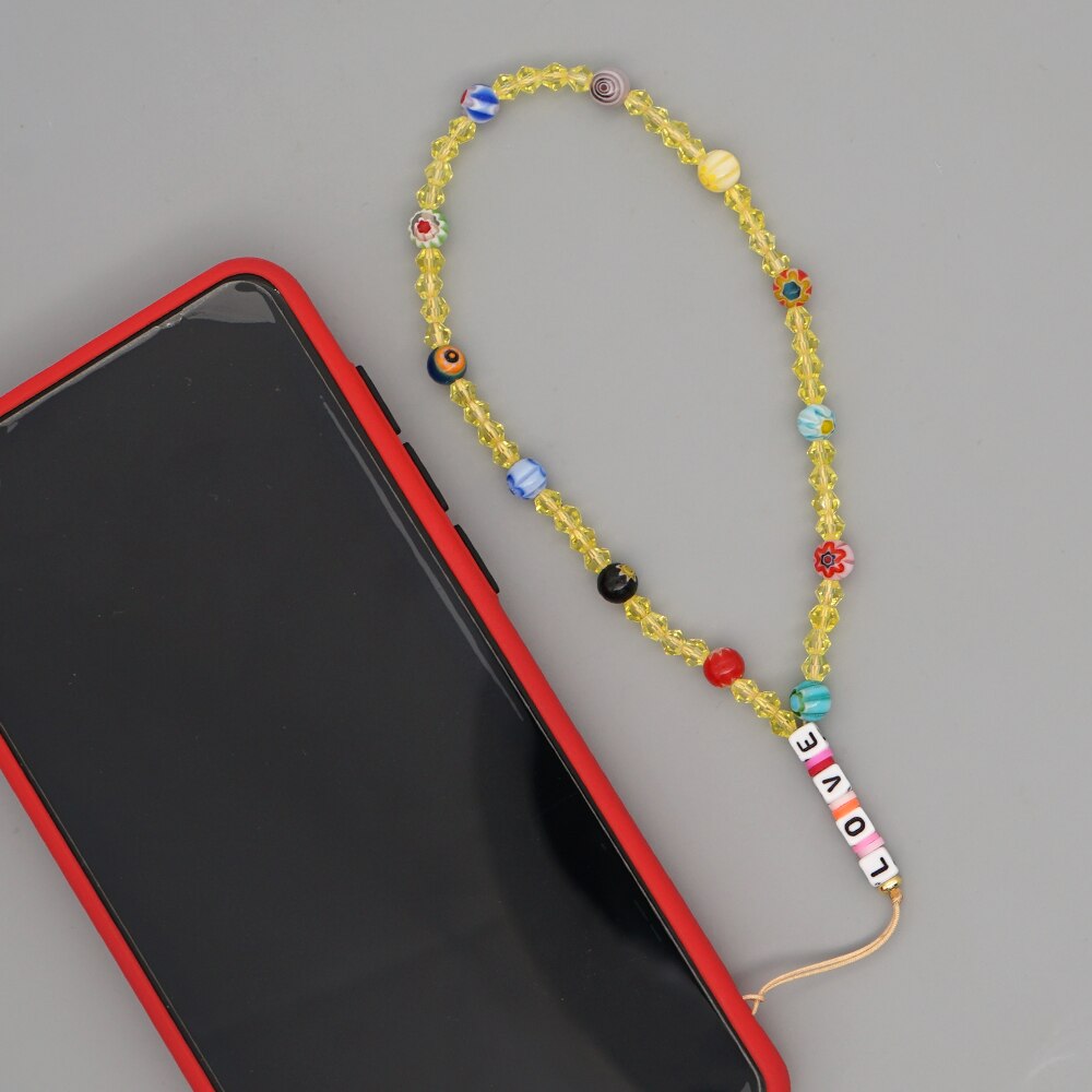 Go2Boho Mobile Phone Lanyard Heishi Disc Beads Crystal Bead Chain For Phone Smile Chains LOVE Letter String Wristband