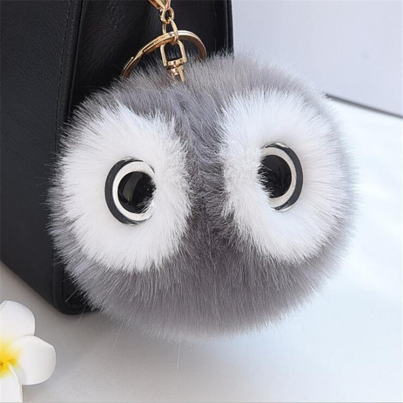 13CM Big Eyes Fluffy Rabbit Fur Ball Key Chain Cute Cartoon Panda Pompom Keychain Women Car Bag Keycover Owl Key Rings