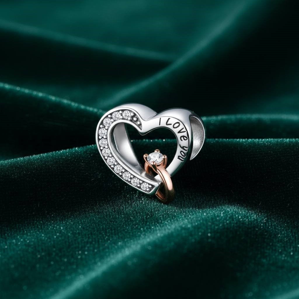 S925 Hollow Heart Bead Charm with CZ Sparkle Ring NYSHK