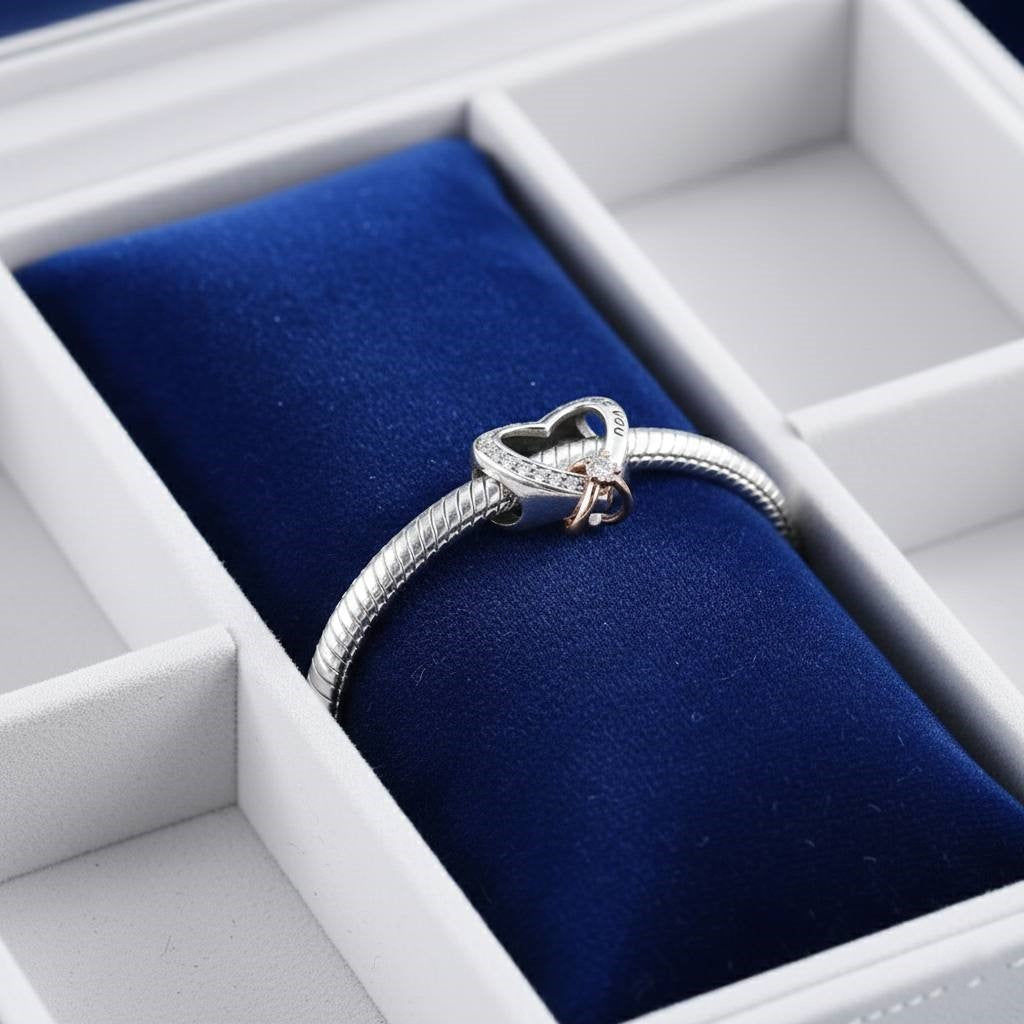 S925 Hollow Heart Bead Charm with CZ Sparkle Ring NYSHK