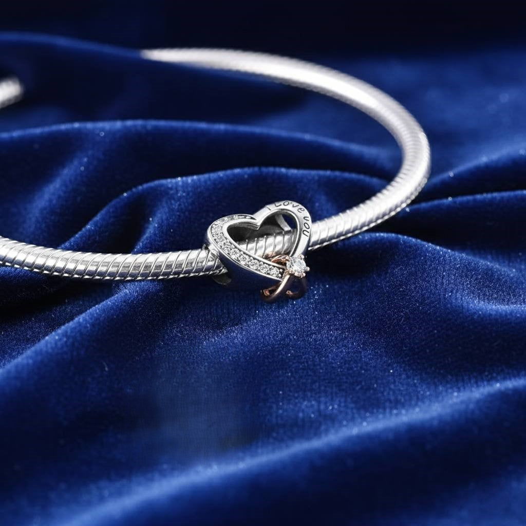 S925 Hollow Heart Bead Charm with CZ Sparkle Ring NYSHK