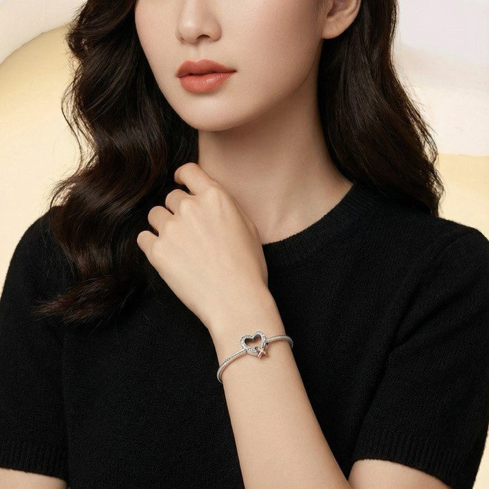 S925 Hollow Heart Bead Charm with CZ Sparkle Ring NYSHK