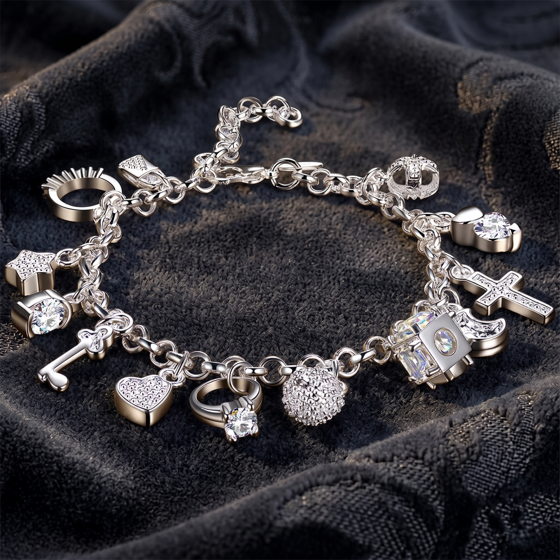 SILVER925 CHARM BRACELET/シルバー/ブレスレット 13-Charm Chain Bracelet - 925 Sterling Silver with Crystal