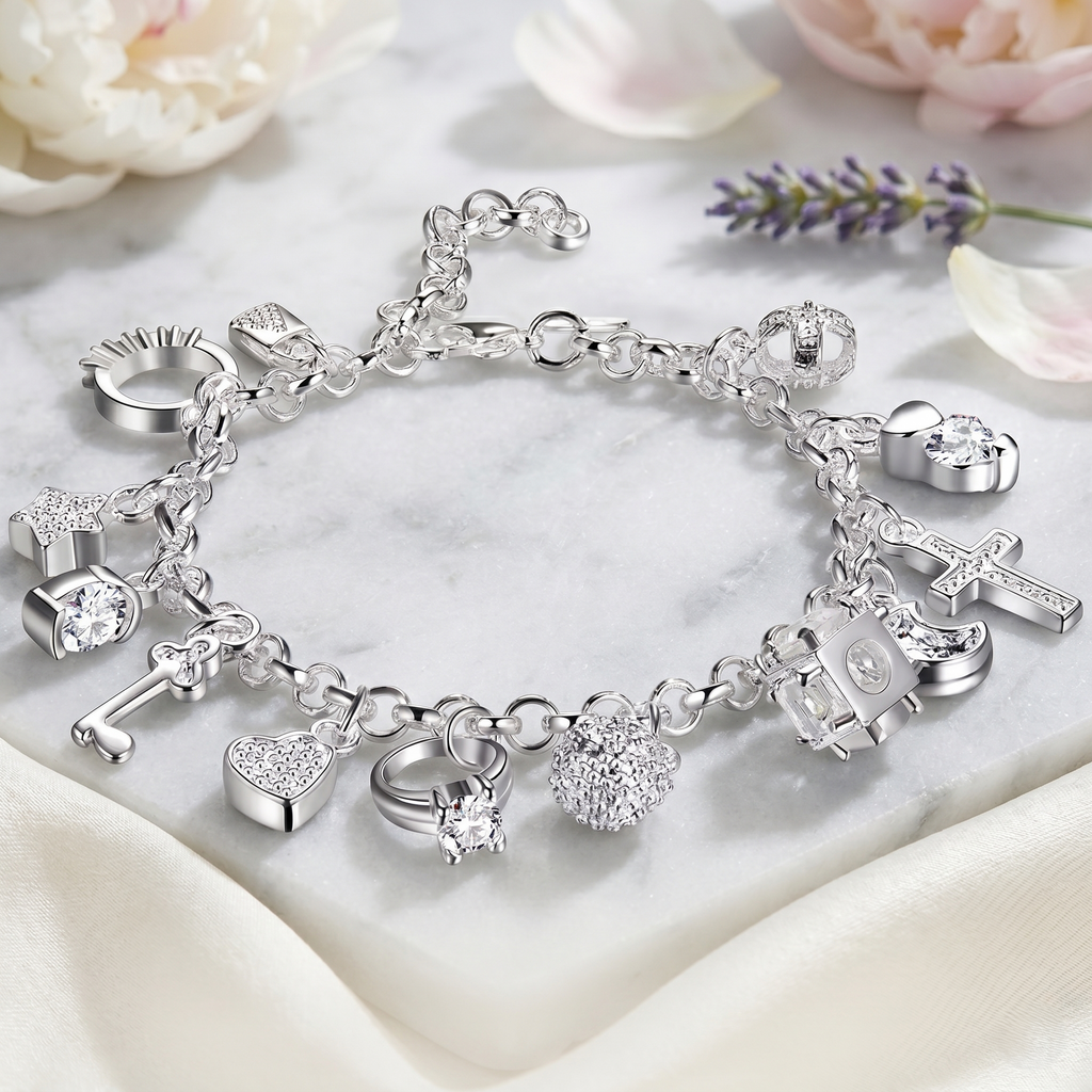 13-Charm Chain Bracelet - 925 Sterling Silver with Crystal Zirconia Pendants