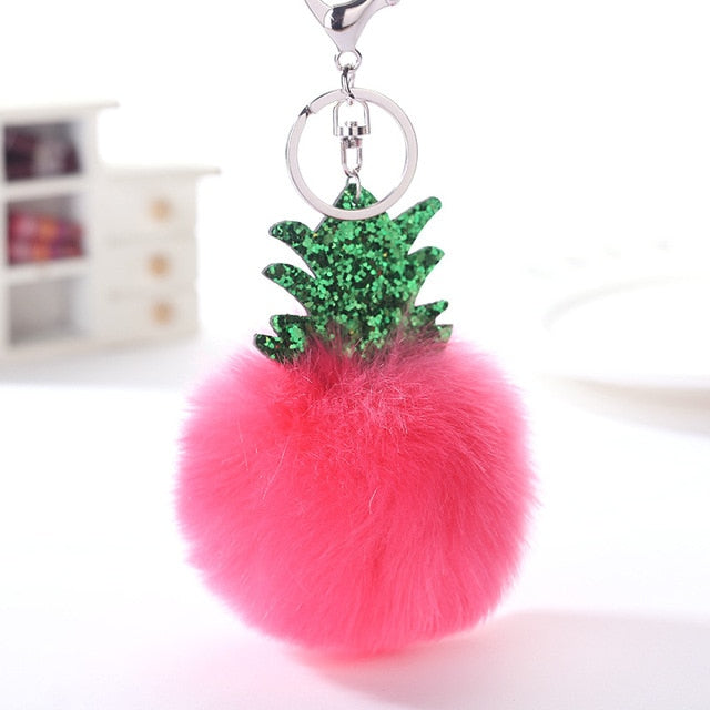 Fluffy Faux Fur Ball Pompom Keychain Women Bag Charms Christmas Tree Pineapple Key Ring Trinket Car Keyring Chains 2C0322