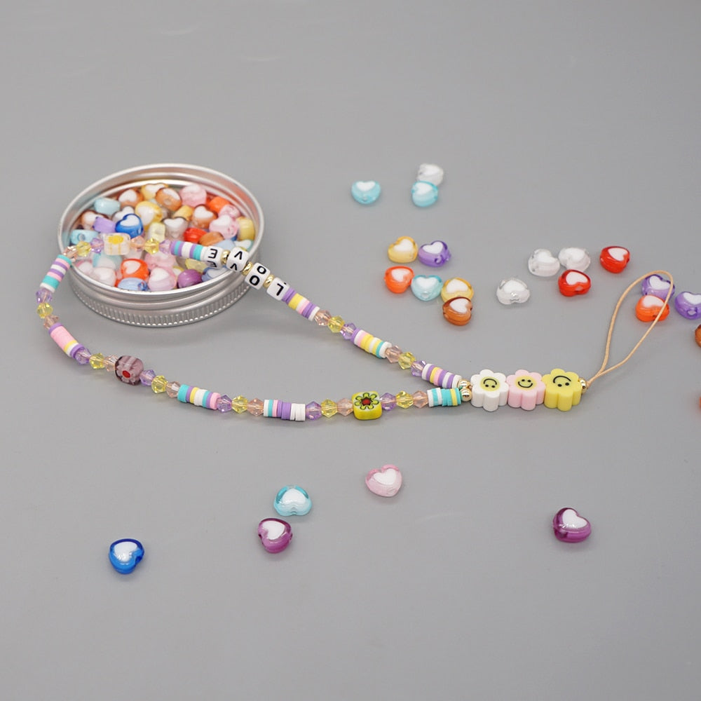 Go2Boho Mobile Phone Lanyard Heishi Disc Beads Crystal Bead Chain For Phone Smile Chains LOVE Letter String Wristband