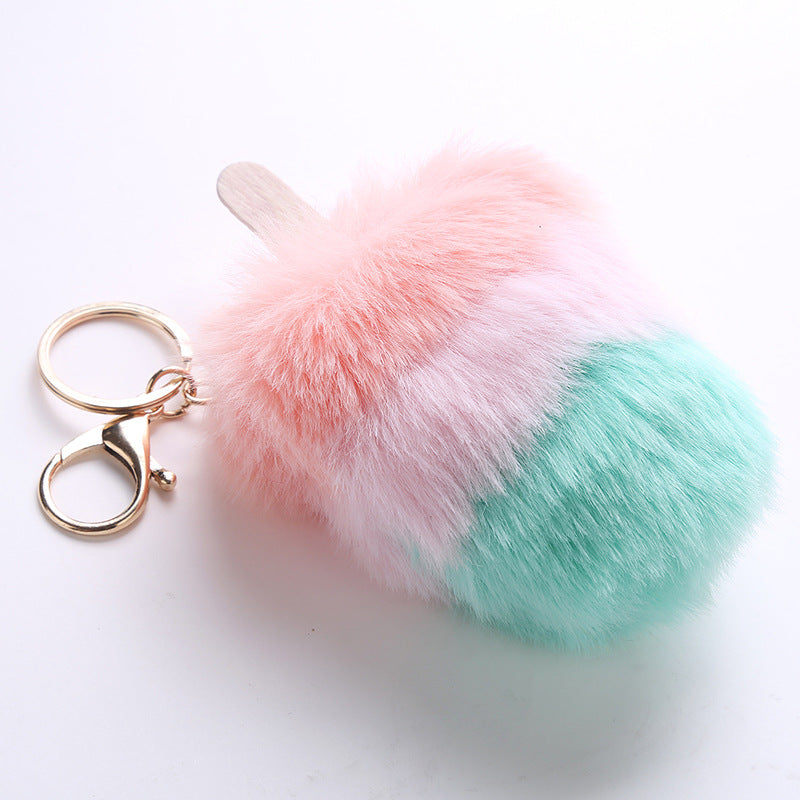 Fluffy Faux Fur Pom Pom Ice Cream Keychain Keyring Holder Cover Women Bag Charms Ornaments Pendant Jewelry Accessories