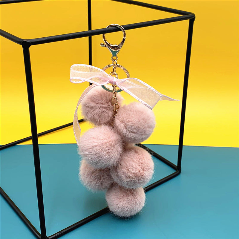 Creative Grape Fruit Key Chain Cute Bag Plush Pendant Lace Bow Hair Ball Car Key Chain Pendant