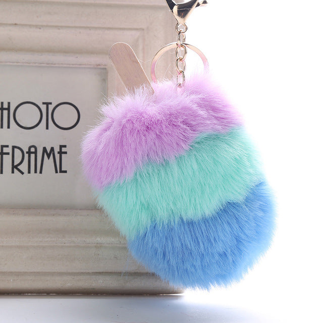 Fluffy Faux Fur Pom Pom Ice Cream Keychain Keyring Holder Cover Women Bag Charms Ornaments Pendant Jewelry Accessories