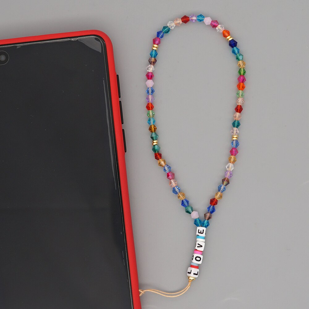 Go2Boho Mobile Phone Lanyard Heishi Disc Beads Crystal Bead Chain For Phone Smile Chains LOVE Letter String Wristband