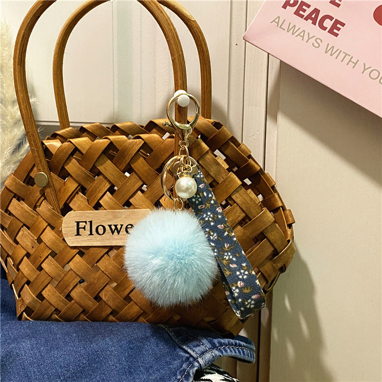 Creative Floral Ribbon Key Chain Cute Plush Bag Pendant Small Fresh Pearl Car Key Chain Accessories Pendant