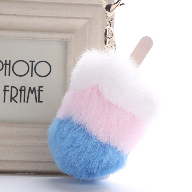 Fluffy Faux Fur Pom Pom Ice Cream Keychain Keyring Holder Cover Women Bag Charms Ornaments Pendant Jewelry Accessories