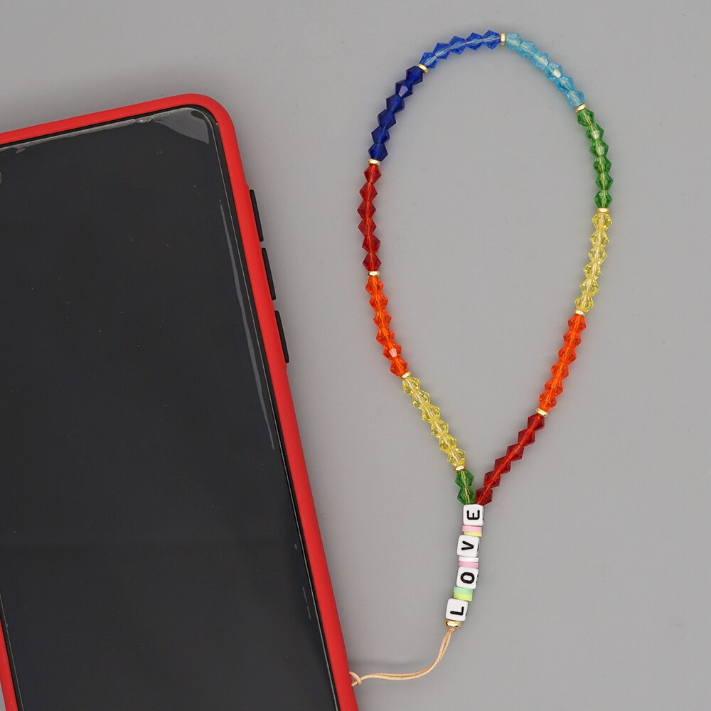 Go2Boho Mobile Phone Lanyard Heishi Disc Beads Crystal Bead Chain For Phone Smile Chains LOVE Letter String Wristband