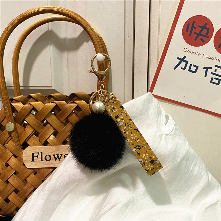 Creative Floral Ribbon Key Chain Cute Plush Bag Pendant Small Fresh Pearl Car Key Chain Accessories Pendant