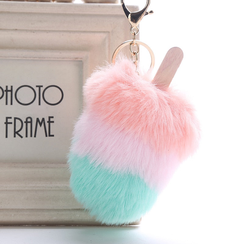 Fluffy Faux Fur Pom Pom Ice Cream Keychain Keyring Holder Cover Women Bag Charms Ornaments Pendant Jewelry Accessories