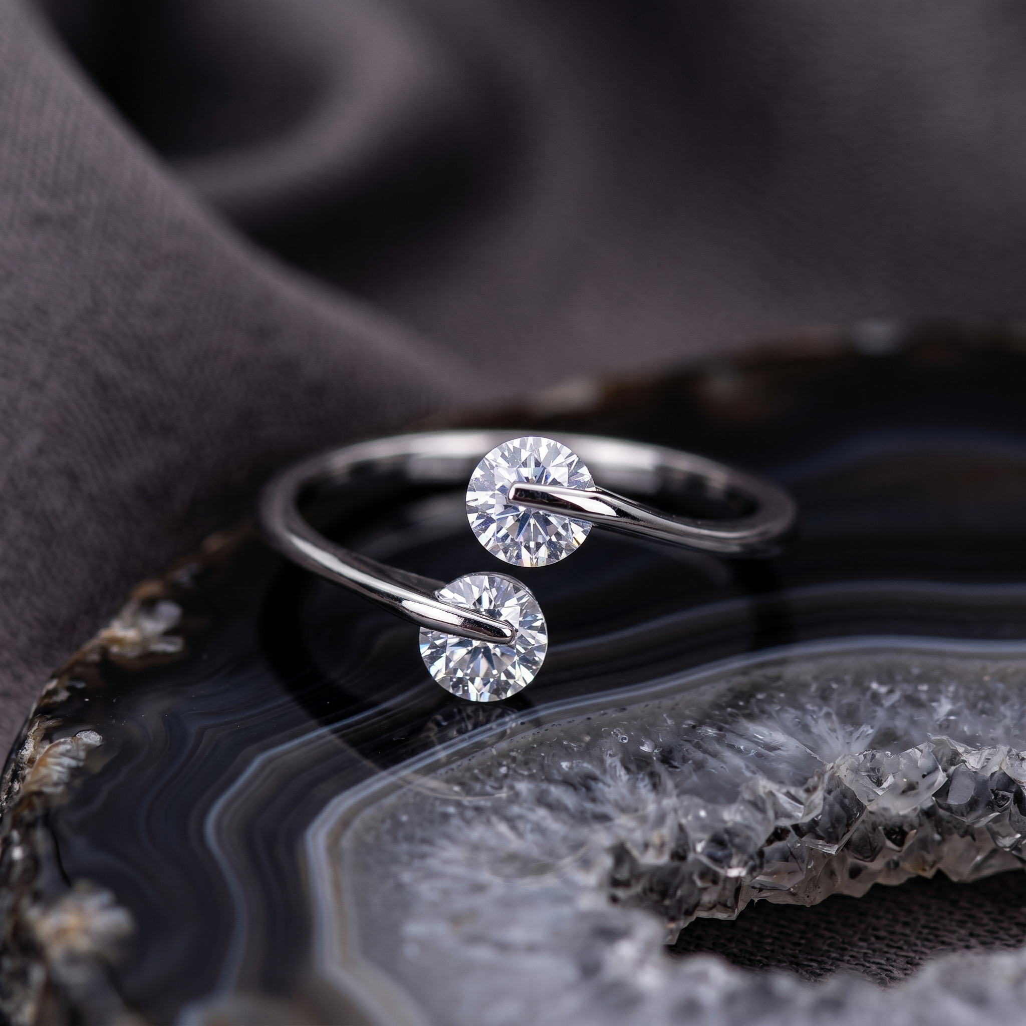 Double Stone Open Band Ring — 925 Sterling Silver & AAA Cubic Zirconia