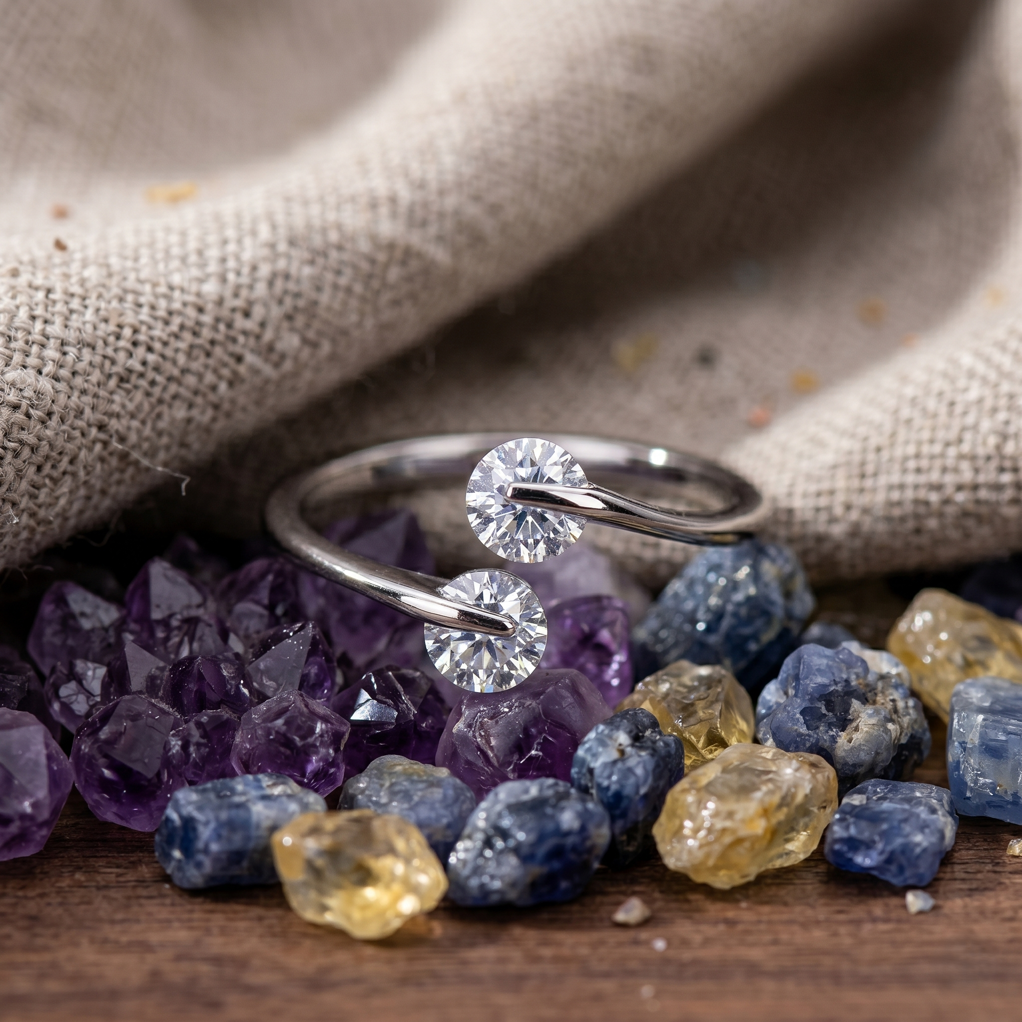 Double Stone Open Band Ring — 925 Sterling Silver & AAA Cubic Zirconia