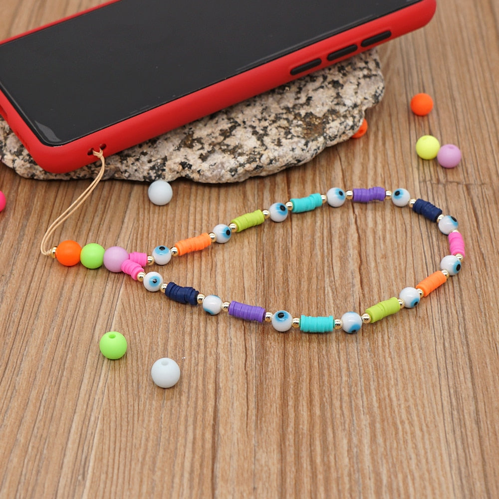 Go2Boho Mobile Phone Lanyard Heishi Disc Beads Crystal Bead Chain For Phone Smile Chains LOVE Letter String Wristband