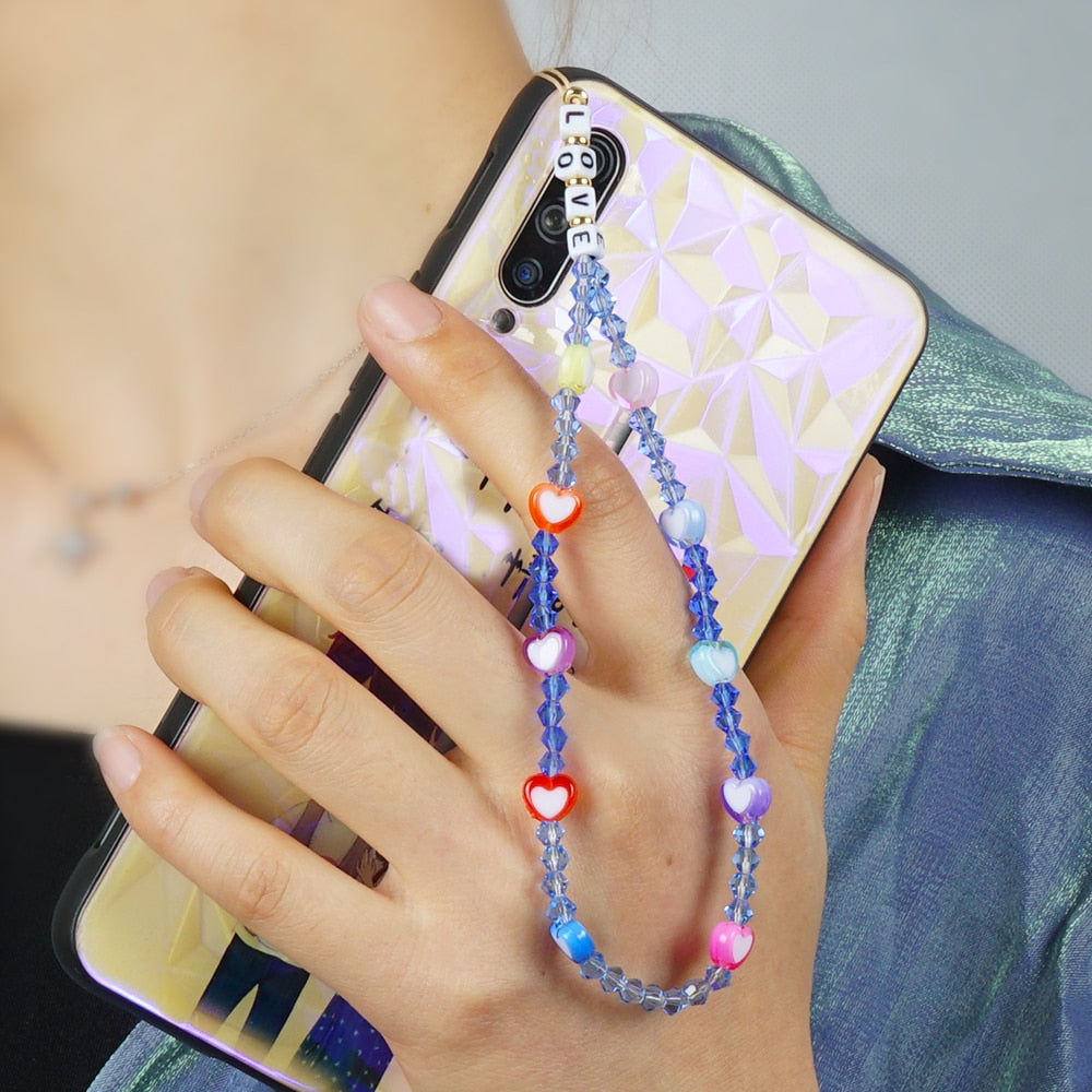 Go2Boho Mobile Phone Lanyard Heishi Disc Beads Crystal Bead Chain For Phone Smile Chains LOVE Letter String Wristband
