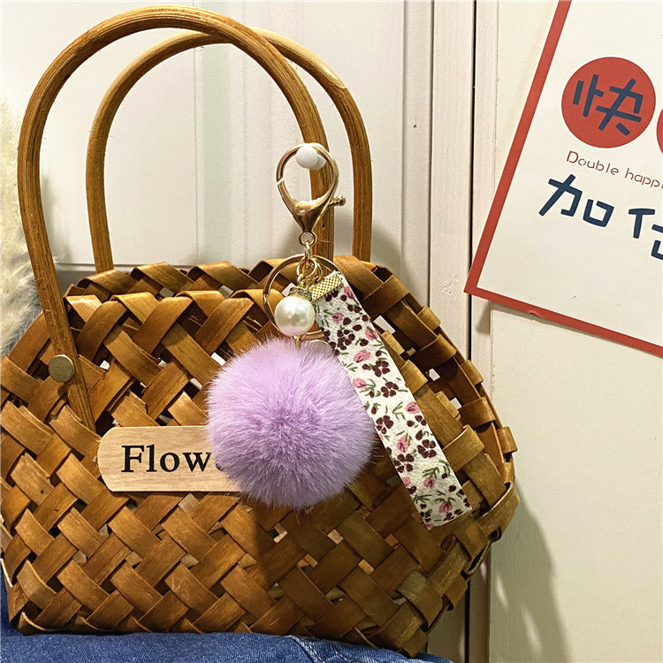 Creative Floral Ribbon Key Chain Cute Plush Bag Pendant Small Fresh Pearl Car Key Chain Accessories Pendant