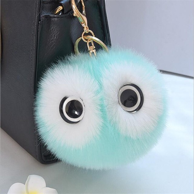 13CM Big Eyes Fluffy Rabbit Fur Ball Key Chain Cute Cartoon Panda Pompom Keychain Women Car Bag Keycover Owl Key Rings