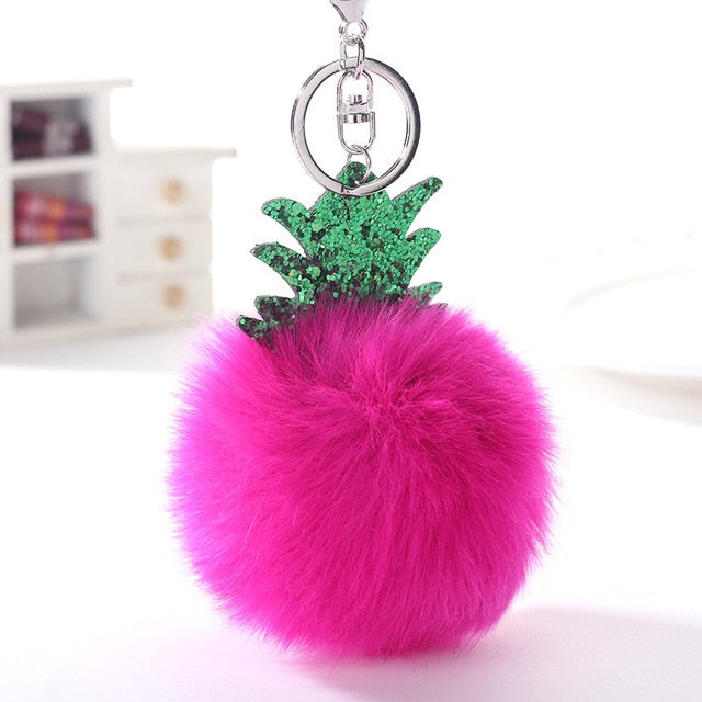 Fluffy Faux Fur Ball Pompom Keychain Women Bag Charms Christmas Tree Pineapple Key Ring Trinket Car Keyring Chains 2C0322