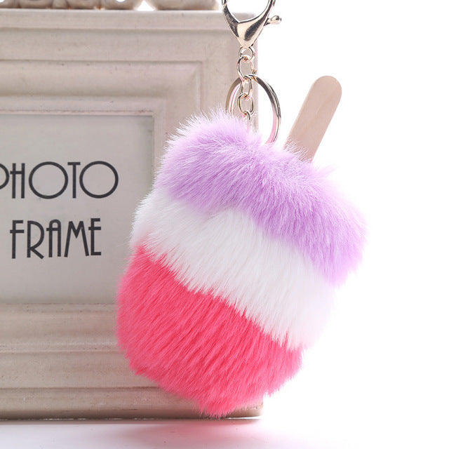 Fluffy Faux Fur Pom Pom Ice Cream Keychain Keyring Holder Cover Women Bag Charms Ornaments Pendant Jewelry Accessories