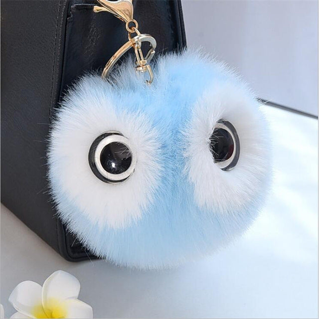 13CM Big Eyes Fluffy Rabbit Fur Ball Key Chain Cute Cartoon Panda Pompom Keychain Women Car Bag Keycover Owl Key Rings