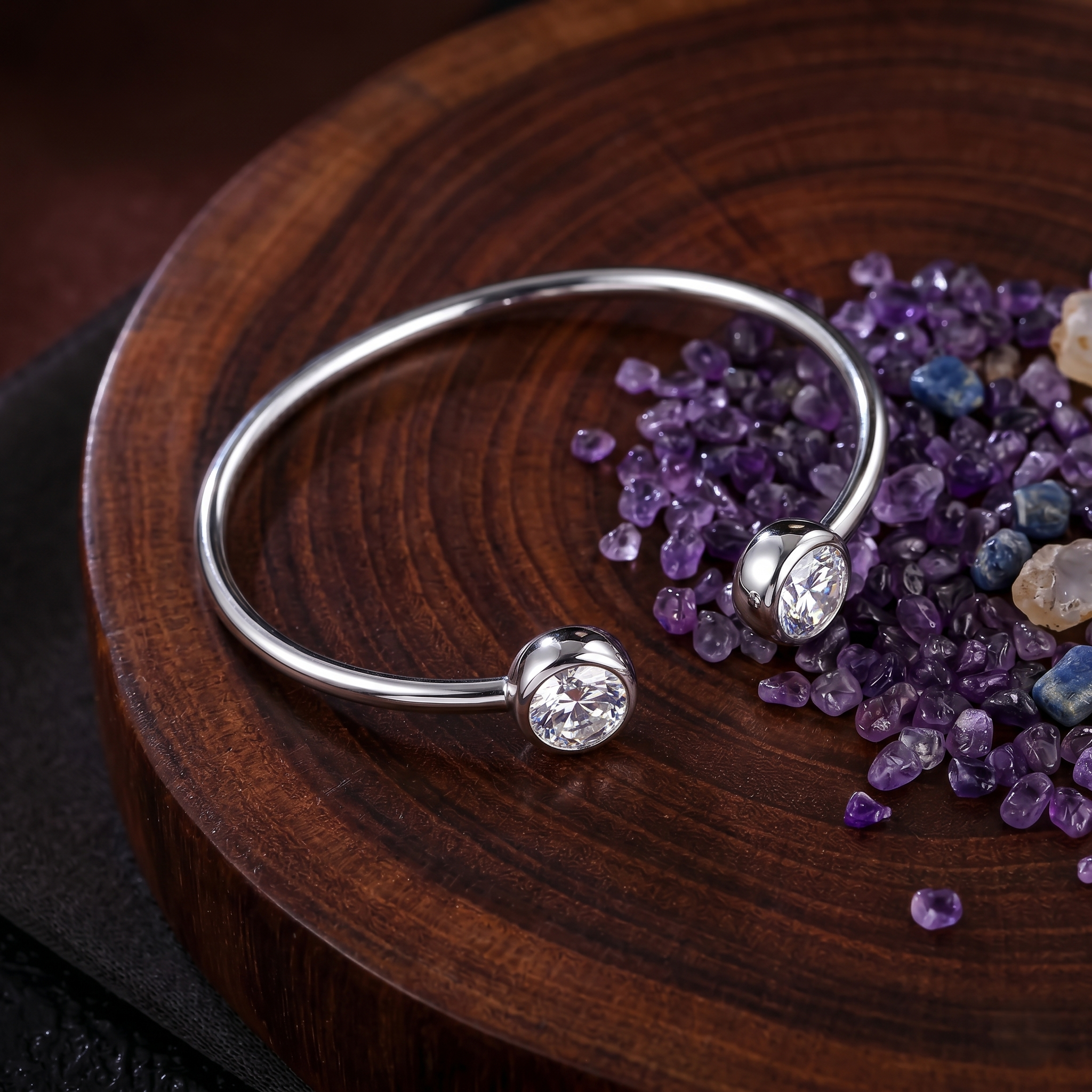 Double Stone Open Cuff Bracelet — 925 Sterling Silver & Cubic Zirconia