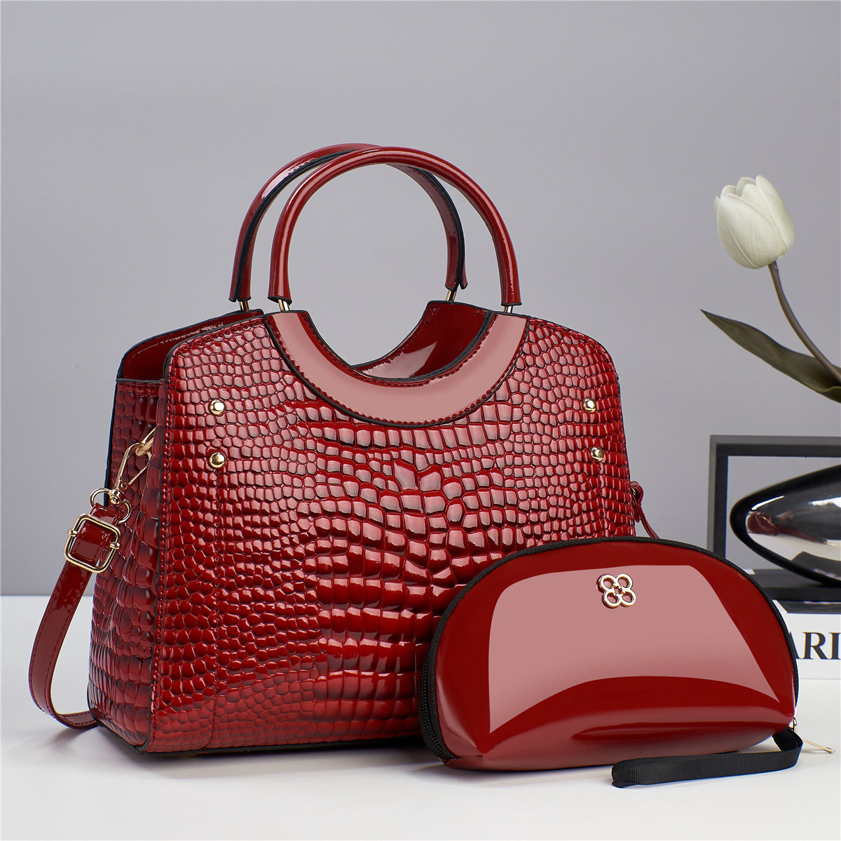 Handbag snake patterned mother and child bag shiny leather platinum bag