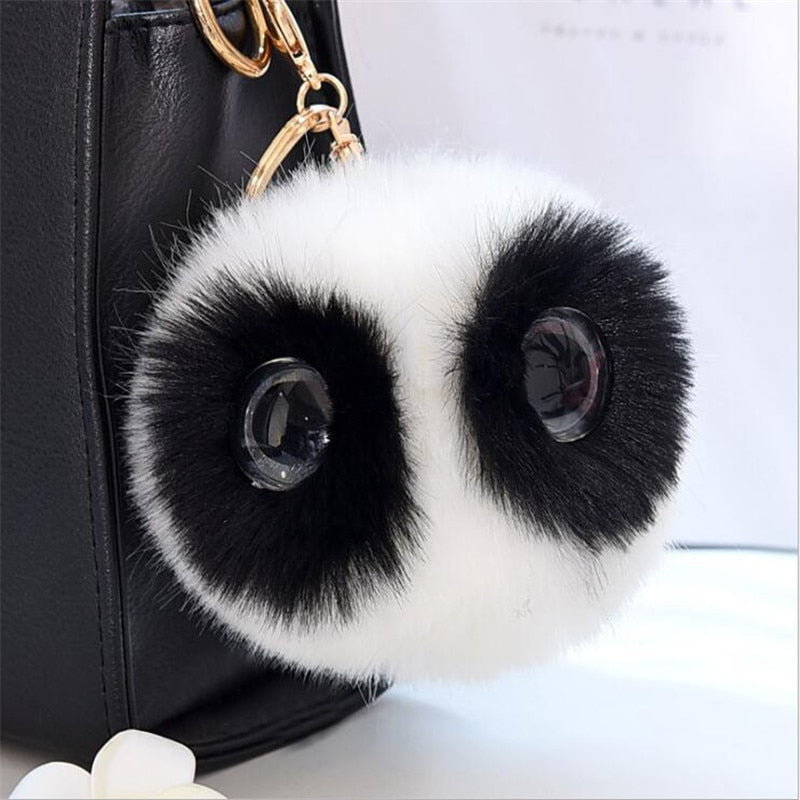 13CM Big Eyes Fluffy Rabbit Fur Ball Key Chain Cute Cartoon Panda Pompom Keychain Women Car Bag Keycover Owl Key Rings