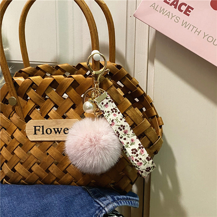 Creative Floral Ribbon Key Chain Cute Plush Bag Pendant Small Fresh Pearl Car Key Chain Accessories Pendant