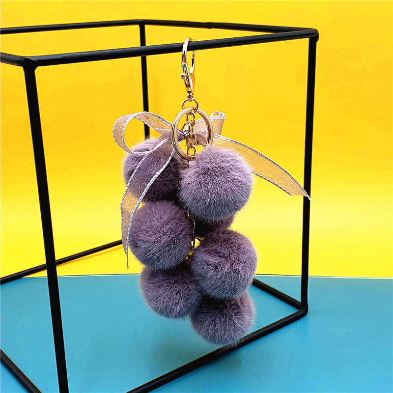 Creative Grape Fruit Key Chain Cute Bag Plush Pendant Lace Bow Hair Ball Car Key Chain Pendant