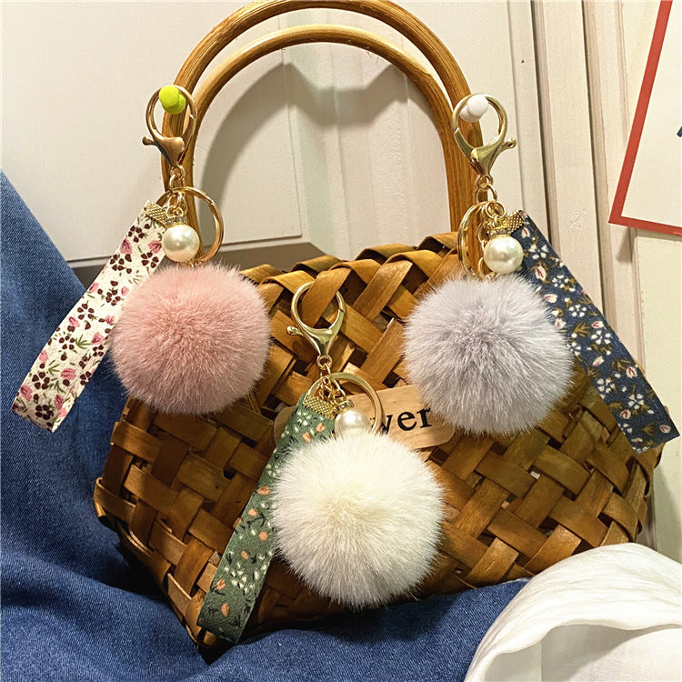 Creative Floral Ribbon Key Chain Cute Plush Bag Pendant Small Fresh Pearl Car Key Chain Accessories Pendant
