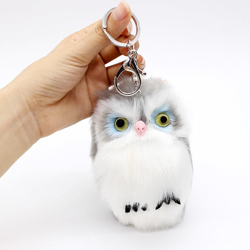 15CM Cute Fluffy Owl Keychain & Pendant Women Key Ring Holder Faux Bunny Rabbit Fur Pompoms Key Chains For Handbag 2C0268