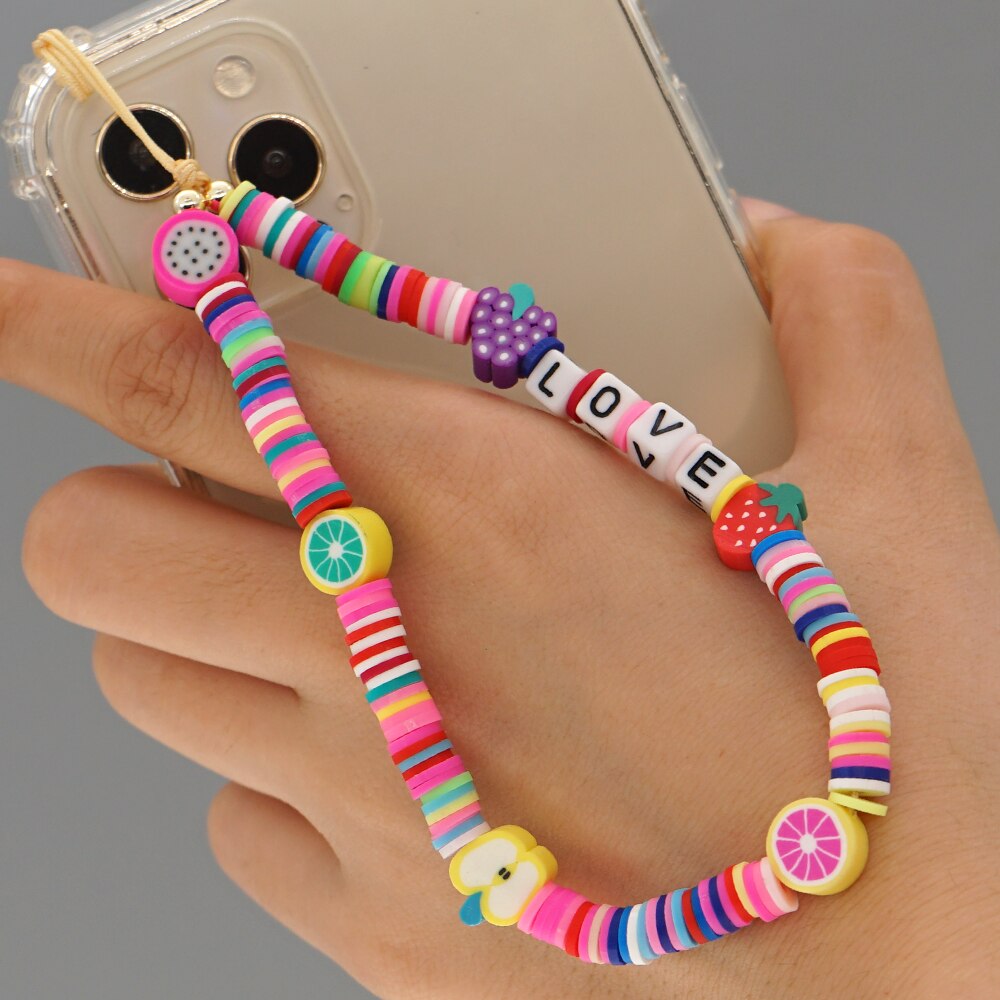 Go2Boho Mobile Phone Lanyard Heishi Disc Beads Crystal Bead Chain For Phone Smile Chains LOVE Letter String Wristband