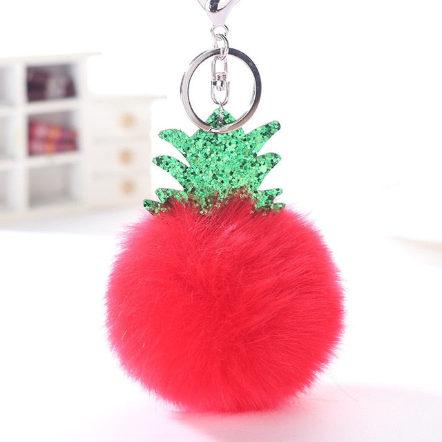 Fluffy Faux Fur Ball Pompom Keychain Women Bag Charms Christmas Tree Pineapple Key Ring Trinket Car Keyring Chains 2C0322
