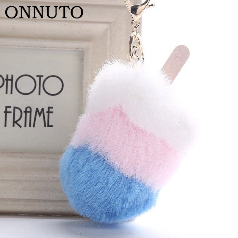 Fluffy Faux Fur Pom Pom Ice Cream Keychain Keyring Holder Cover Women Bag Charms Ornaments Pendant Jewelry Accessories