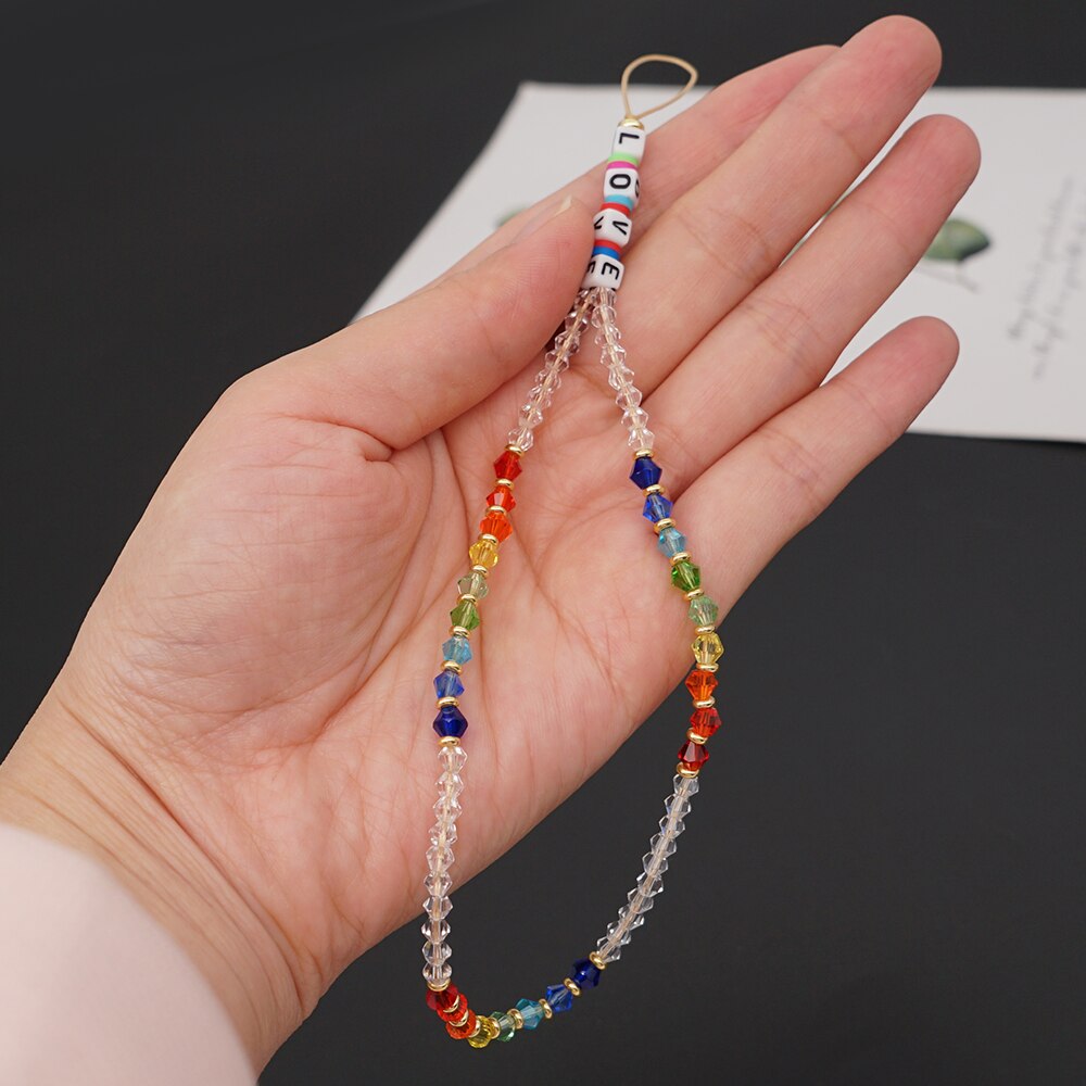 Go2Boho Mobile Phone Lanyard Heishi Disc Beads Crystal Bead Chain For Phone Smile Chains LOVE Letter String Wristband