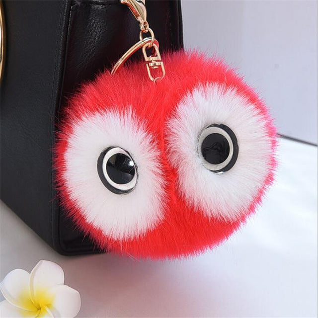 13CM Big Eyes Fluffy Rabbit Fur Ball Key Chain Cute Cartoon Panda Pompom Keychain Women Car Bag Keycover Owl Key Rings