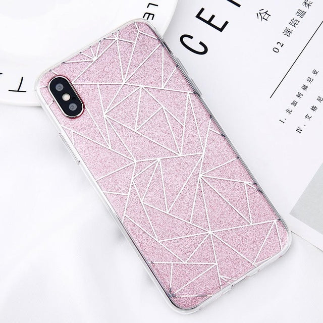 Glitter Bling Powder Phone Case For iPhone X Geometric Lines Hard PC Back Cover Cases For iPhone 8 7 6 6s Plus 5 5s SE