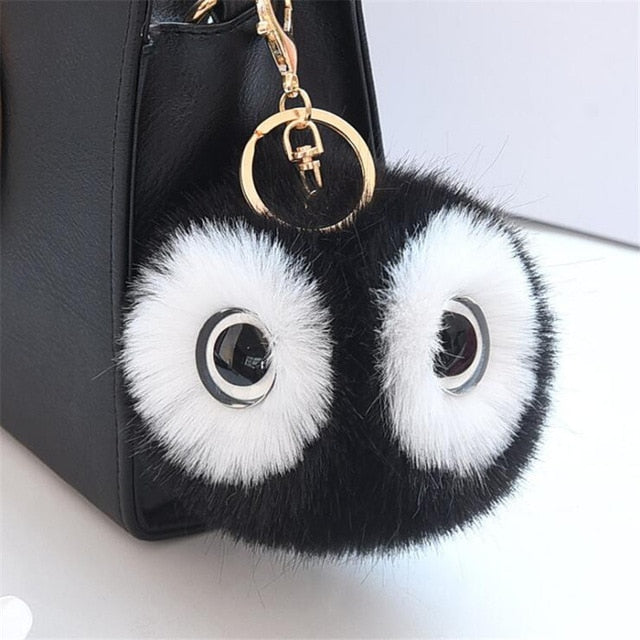 13CM Big Eyes Fluffy Rabbit Fur Ball Key Chain Cute Cartoon Panda Pompom Keychain Women Car Bag Keycover Owl Key Rings