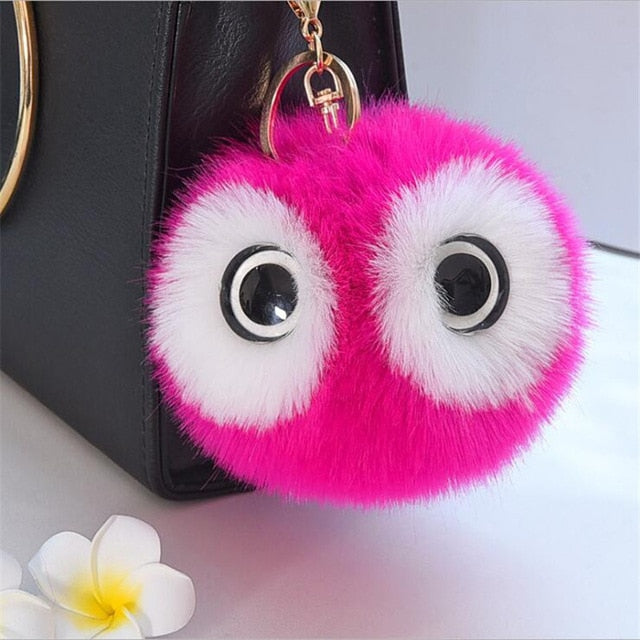 13CM Big Eyes Fluffy Rabbit Fur Ball Key Chain Cute Cartoon Panda Pompom Keychain Women Car Bag Keycover Owl Key Rings