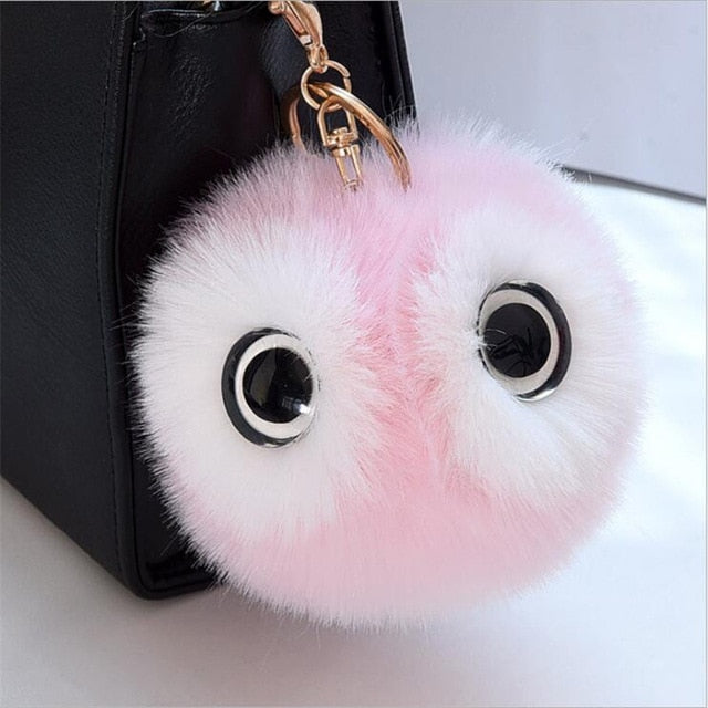13CM Big Eyes Fluffy Rabbit Fur Ball Key Chain Cute Cartoon Panda Pompom Keychain Women Car Bag Keycover Owl Key Rings