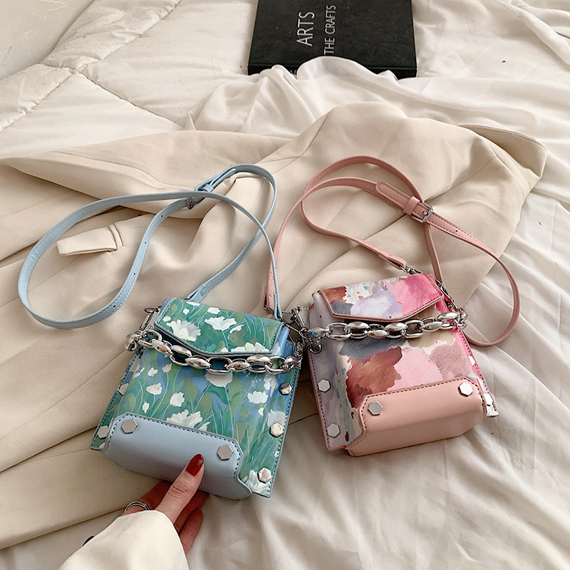 Retro Trend Shoulder Bag New Fashion Graffiti Bag Simple Chain Bag Women's Pu Messenger Bag