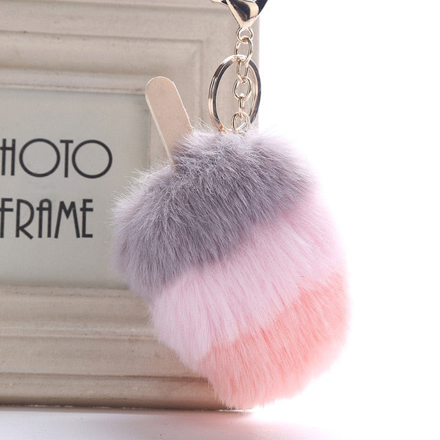 Fluffy Faux Fur Pom Pom Ice Cream Keychain Keyring Holder Cover Women Bag Charms Ornaments Pendant Jewelry Accessories