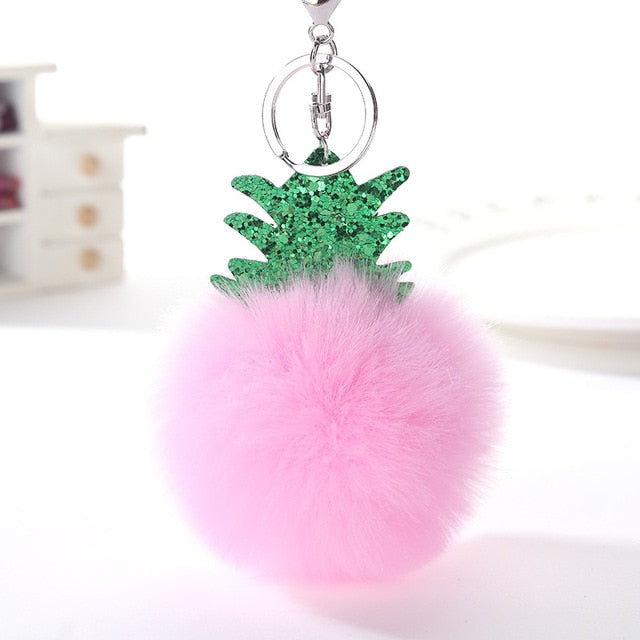 Fluffy Faux Fur Ball Pompom Keychain Women Bag Charms Christmas Tree Pineapple Key Ring Trinket Car Keyring Chains 2C0322