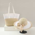 Straw Bag and Hat Set for Women, Beach Vacation, Versatile Sun Protection Wide Brim Hat, Commute Travel Large Capacity Tote Bag